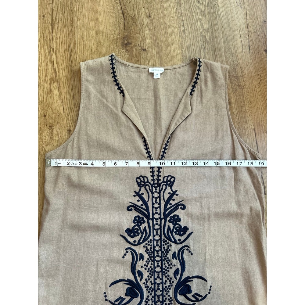 Sigrid Olsen Tan Linen Blend Embroidered Sleeveless Maxi Dress Boho Tan Navy M - Picture 8 of 8
